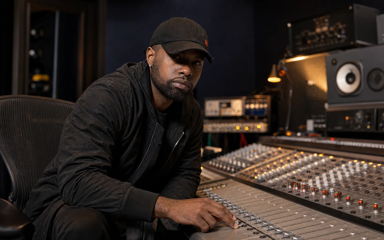 Chad Focus working at a professional recording studio console