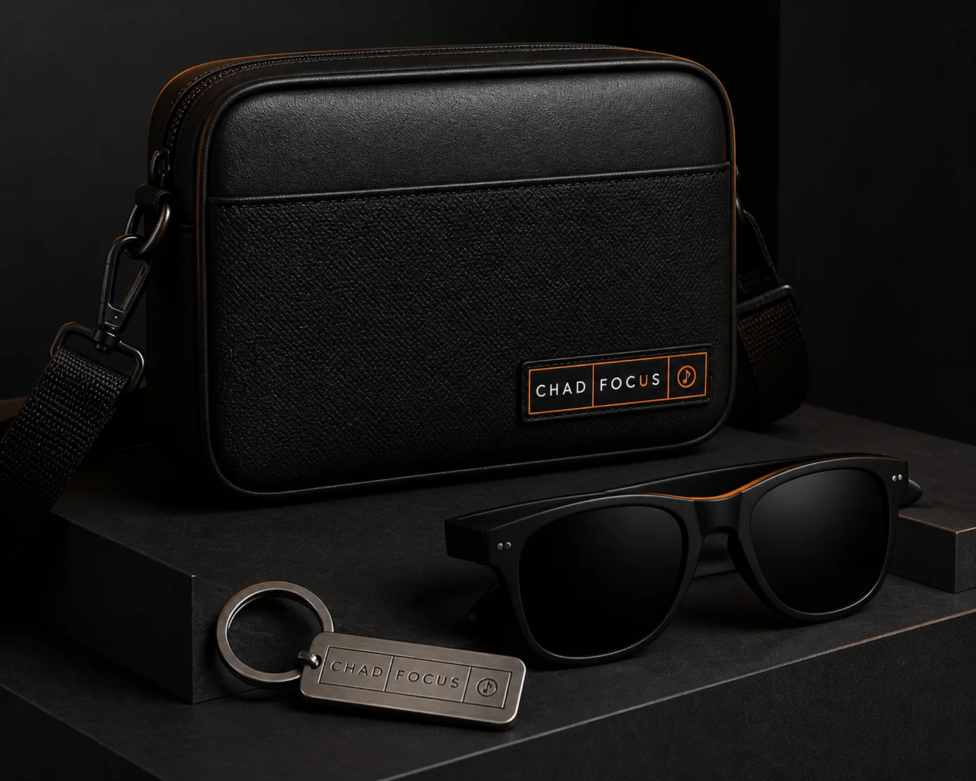 ChadFocus branded bag sunglasses and key ring