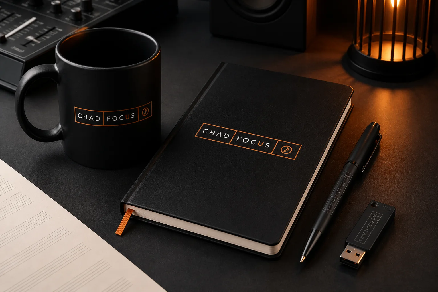 ChadFocus branded mug notepad pen and USB pendrive