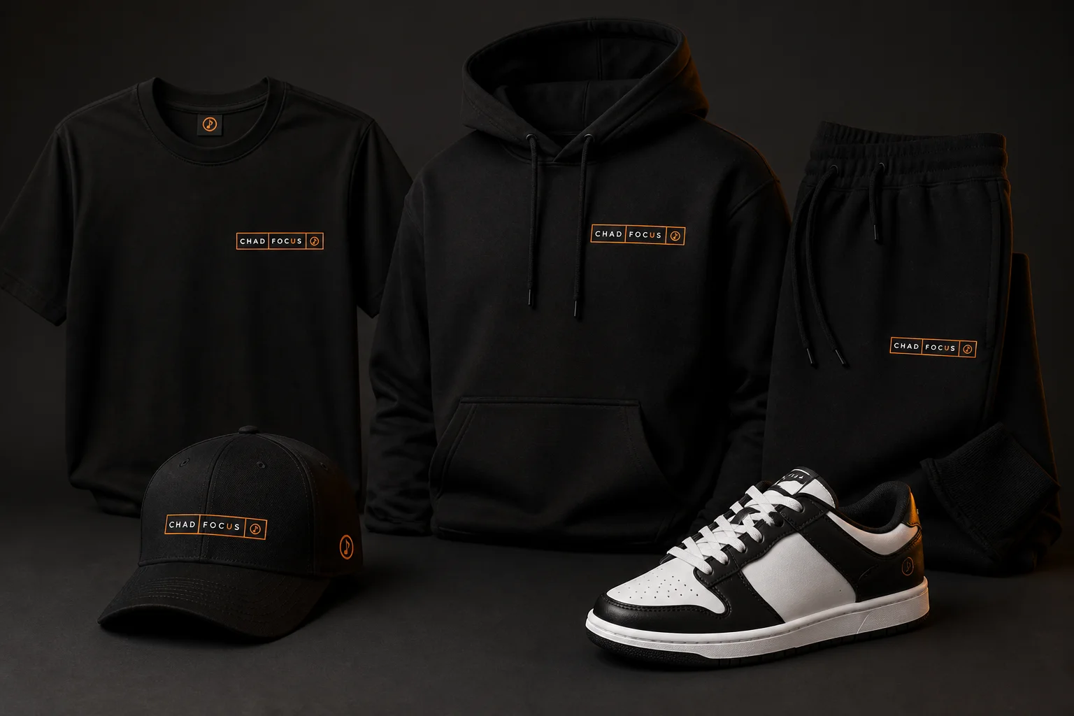ChadFocus branded T-shirt hoodie cap pants and shoes