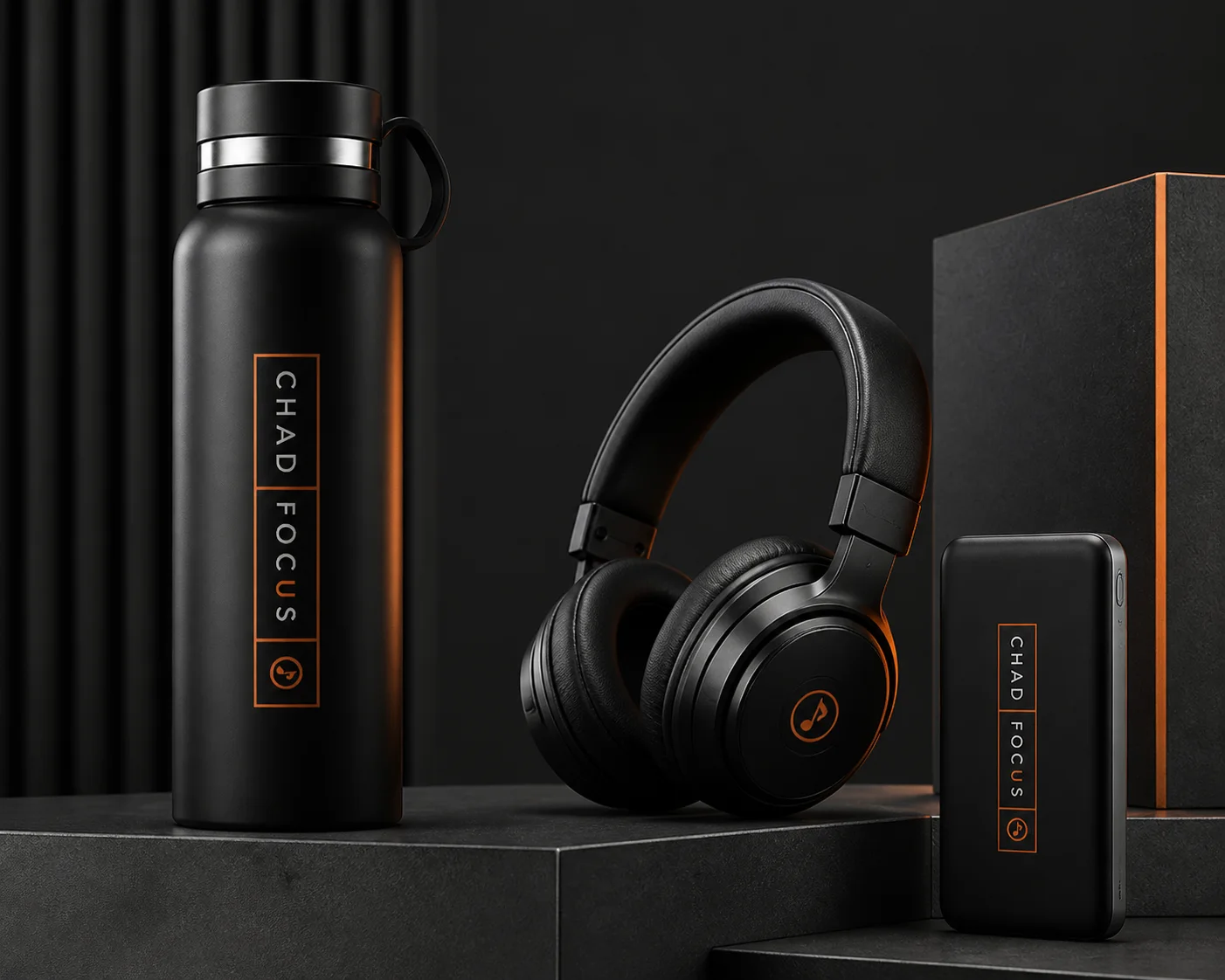 ChadFocus branded water bottle headphones and power bank