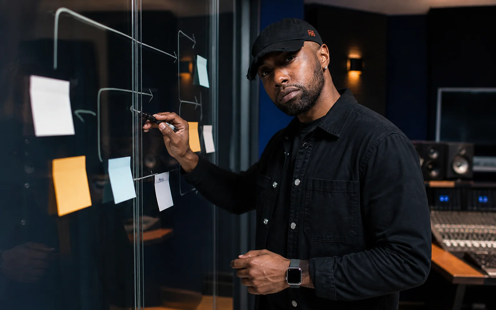 Chad Focus planning an independent music release strategy in a recording studio